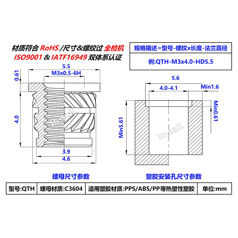 Hot melt nut/STFM3x0.5 STFM4x0.7 Full range of plastic insert copper nuts Internal and external thread self-tapping nuts